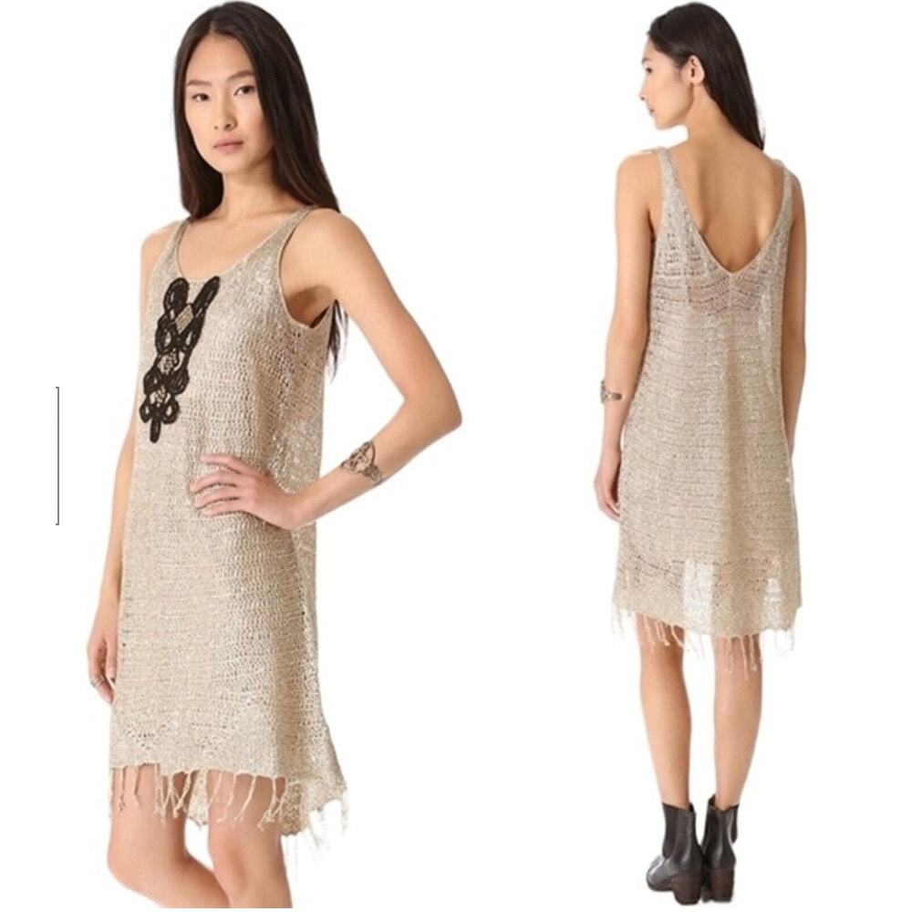 Free People Revolve Golden Sands Gold Dress Womens Medium Crochet Sequin Fringe